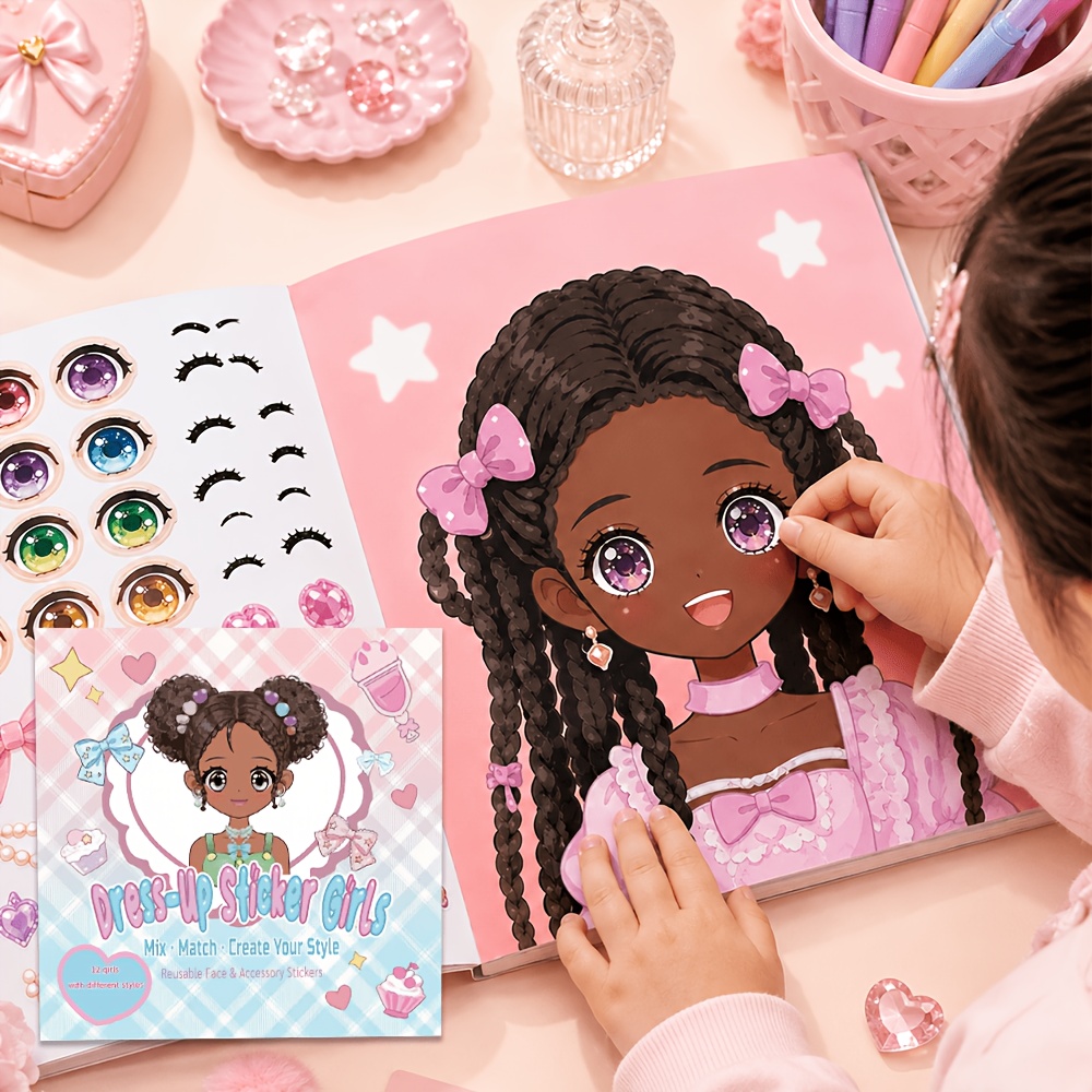 TEMU Kids Dress Up Sticker Book For Girls, Reusable Face & Accessory Stickers, Mix And Match Fashion Activity Book, Curly Hair Doll Styling Play,