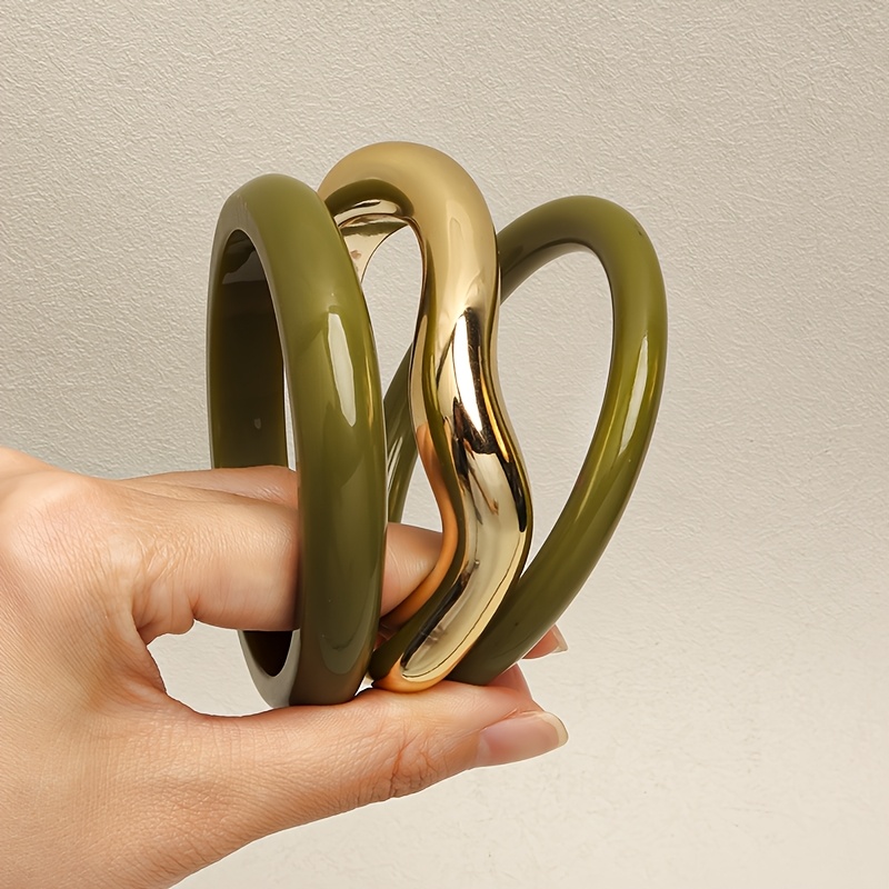 Image of 3pcs Set Of Bohemian Exaggerated Resin Fashion Bracelets, Irregular Green Resin Design Statement Exaggerated Bangle, Suitable For Daily And Party Occasions