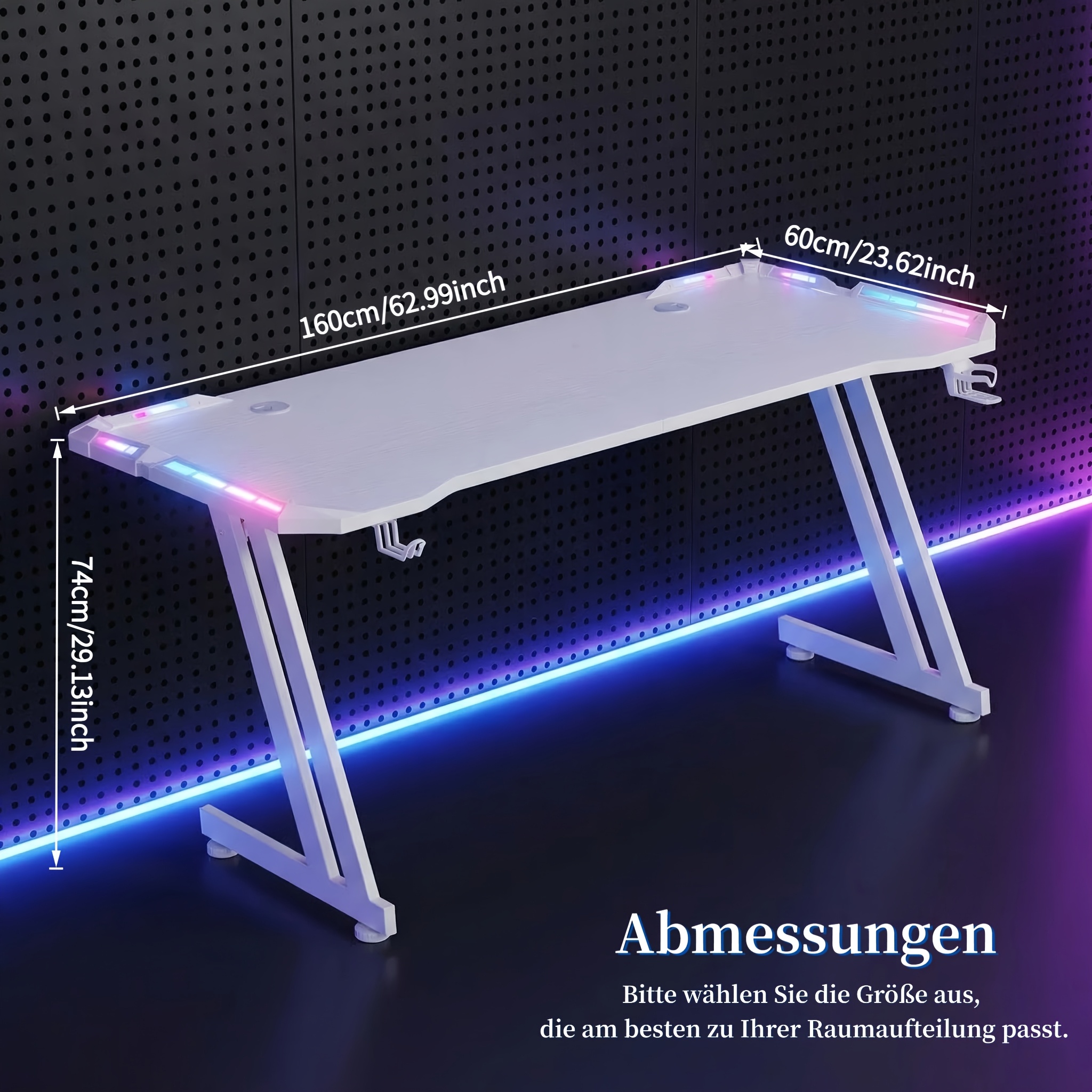47/55/63inch White Gaming Desk With Led Lights, Computer Table, Vertical-grain Tabletop Studying Desk With Headphone Holder And Cup Holder, Desk For Home Office Workstation Bedroom