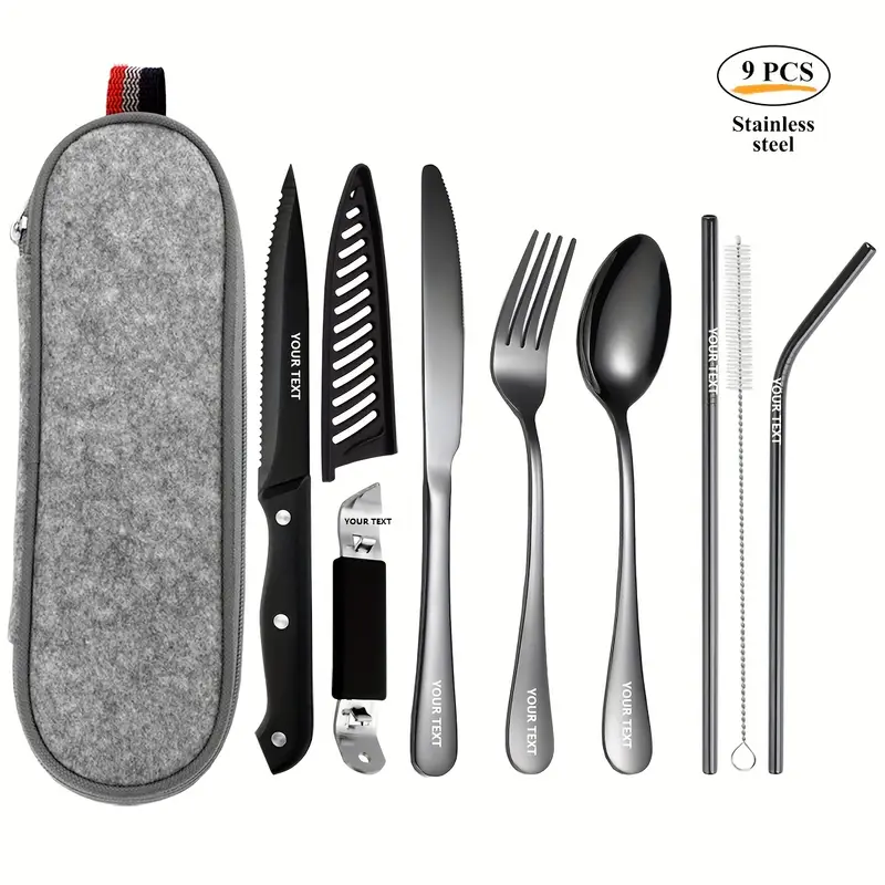 personalized customized outdoor portable cutlery set travel camping set 9 10pcs including knife chopsticks cleaning brush straw bottle opener steak knife with knife and not damaged portable bag silvery black Product details 1