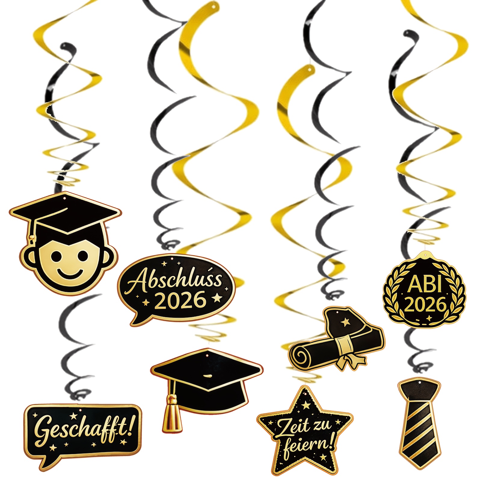Image of Abi 2026 Graduation Spiral Decoration - Black Golden Hanging Spin With Graduation Hat, Diploma, And "!" Slogan - High School Graduation Ceremony And Graduation Party 8pcs Set