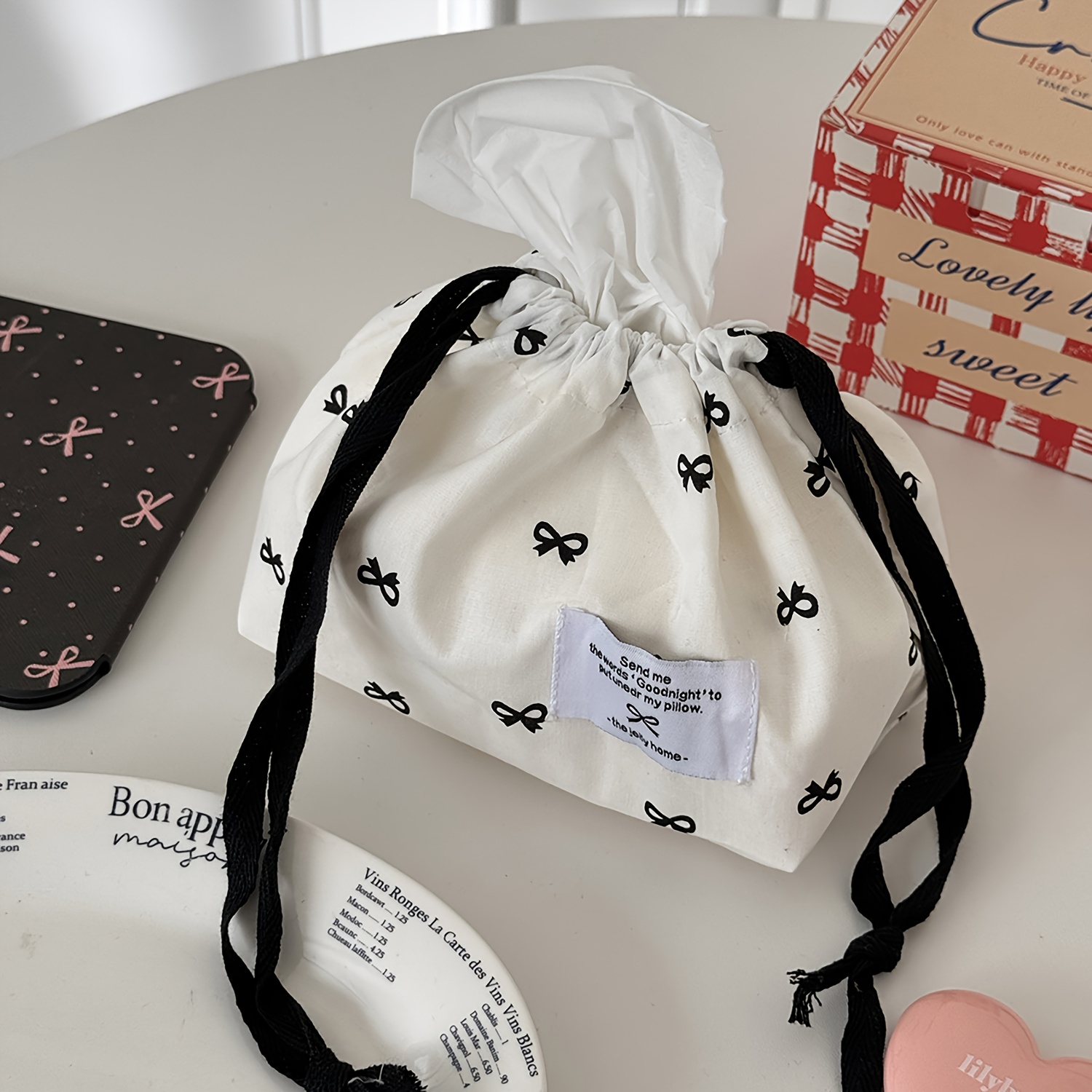 TEMU Cosmetic Bag Sweet Bow Makeup Bag Ins Korean Style High-end Portable Large Capacity Beauty Organizer Tissue Storage Pouch
