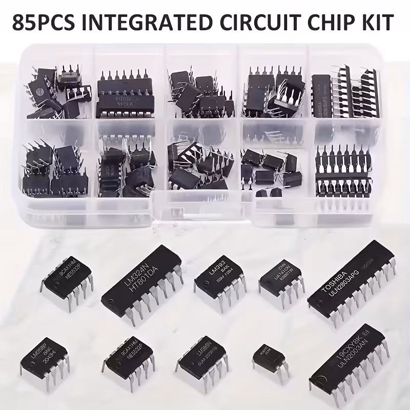 juego de 85 piezas de chips de circuitos - un de plástico con 10 ics (ne555, lm393, ua741, pc817, uln2803, lm324, lm386, uln2003, ne5532, ) para reparaciones , sin alimentación Detalles del producto 3