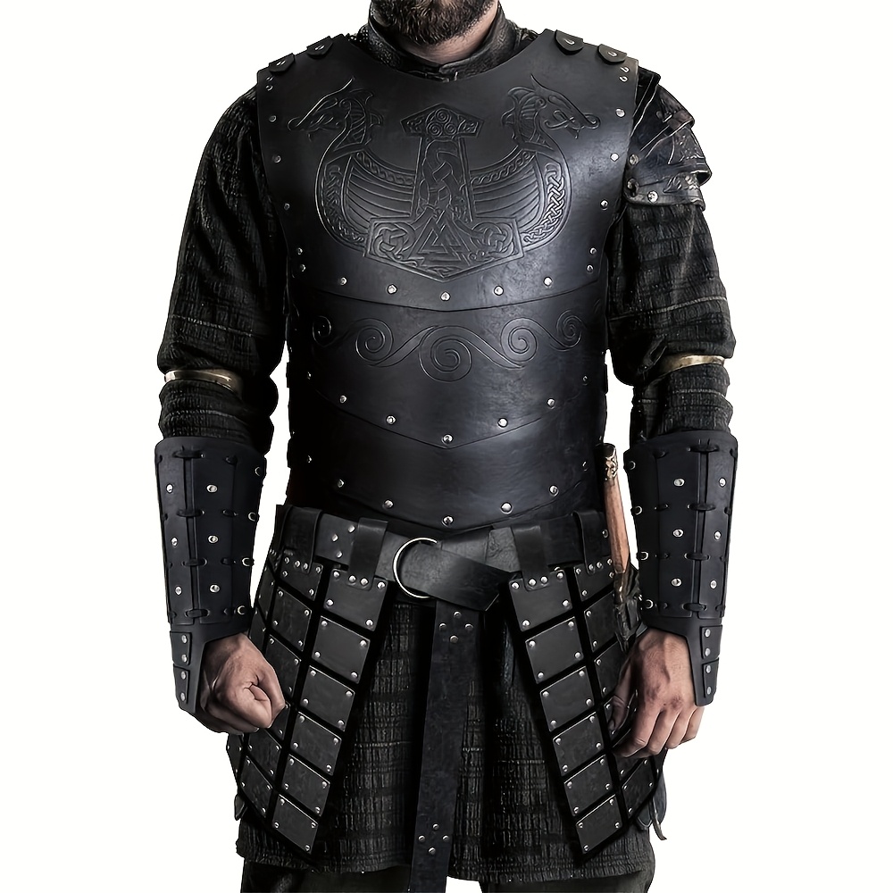 Image of Viking-inspired Embossed Armor Set With Medieval Thigh And Rivet Guard - Faux Leather Barbarian Costume For Halloween, Without Battery