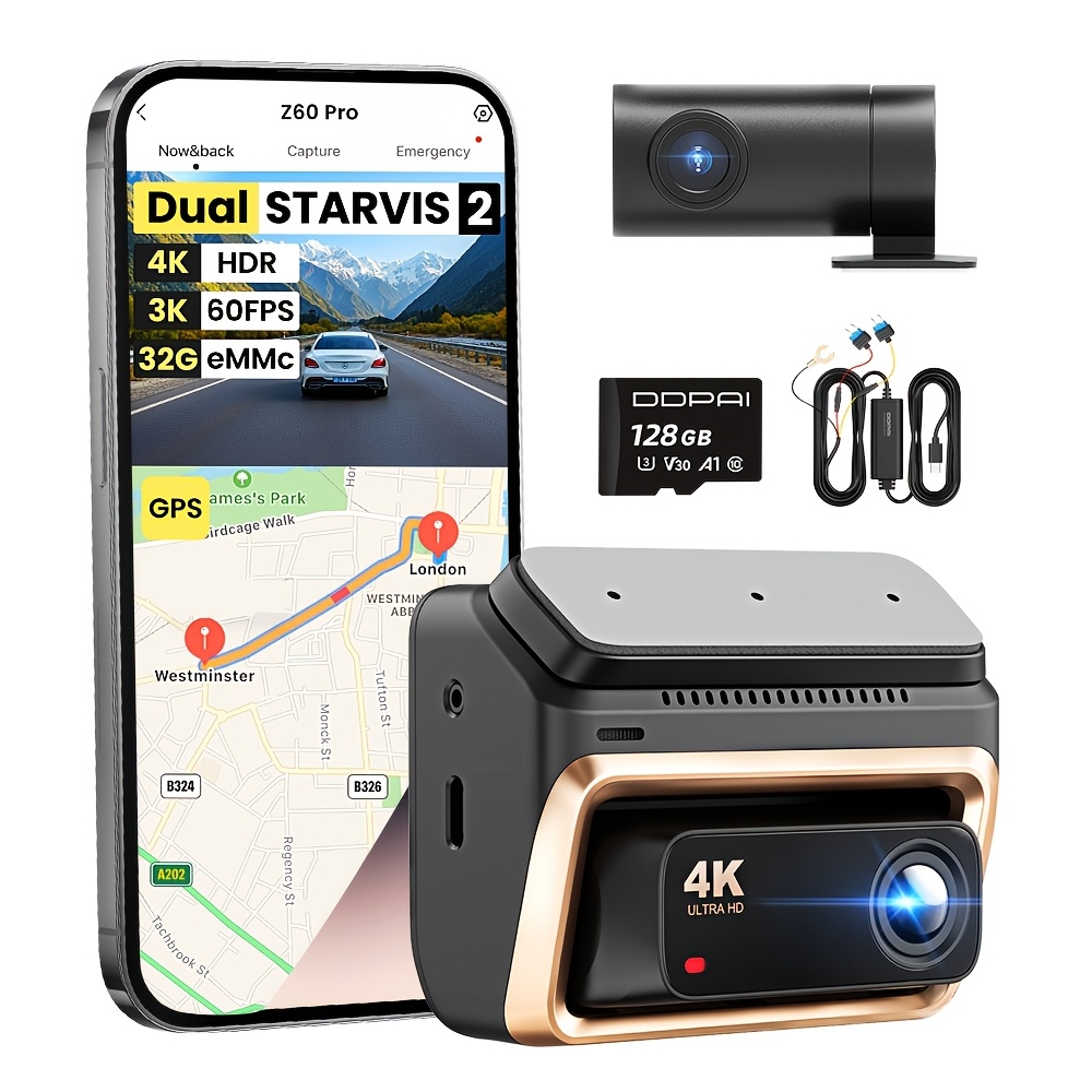 Image of Ddpai Z60 Cam For Cars, Loop Recording, Dash Camera For Hours Recording, Dash Cam With Phone App, Car Dash Cam Front And Rear, With 32gb Card, Without Battery