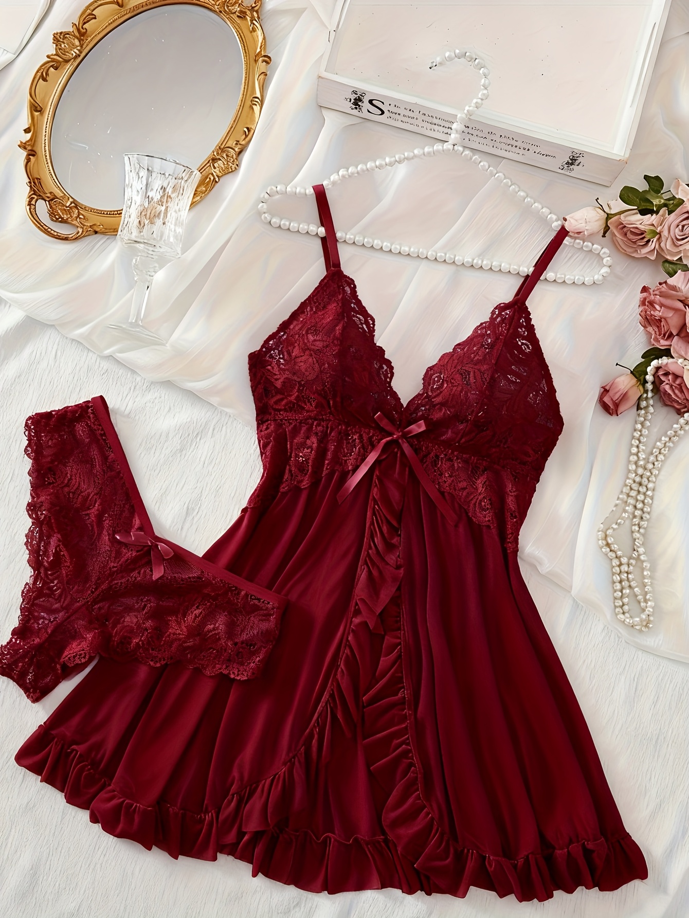 robe cami   col   femme, chemise de nuit en dentelle, robe dintérieur française Détails du produit 22