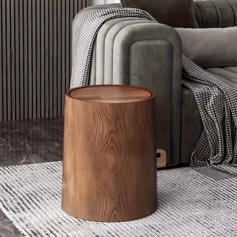 

[1pc Vintage Wood Grain Trash Can] 1pc Vintage Wood Grain Effect Plastic Trash Can With Swinging Lid, Large Capacity, Quiet Close, Oval, For Living Room, Kitchen, Bathroom, Office - Brown