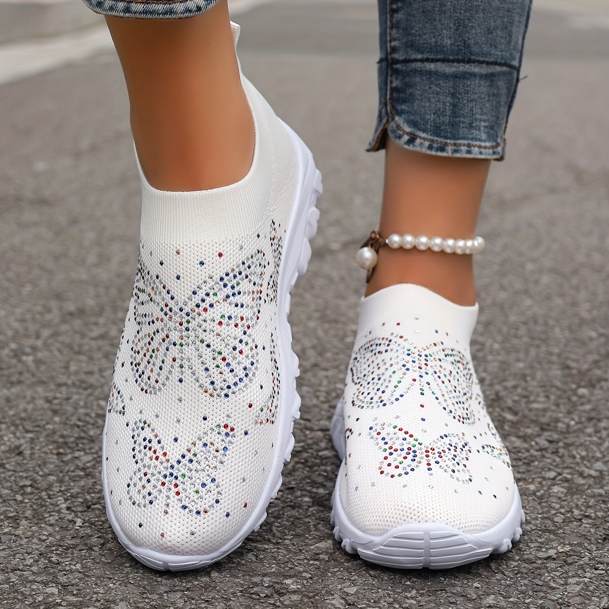 

Women's Casual Sneakers - Breathable Knit, Slip-on, Lightweight Walking Shoes With Butterfly Design