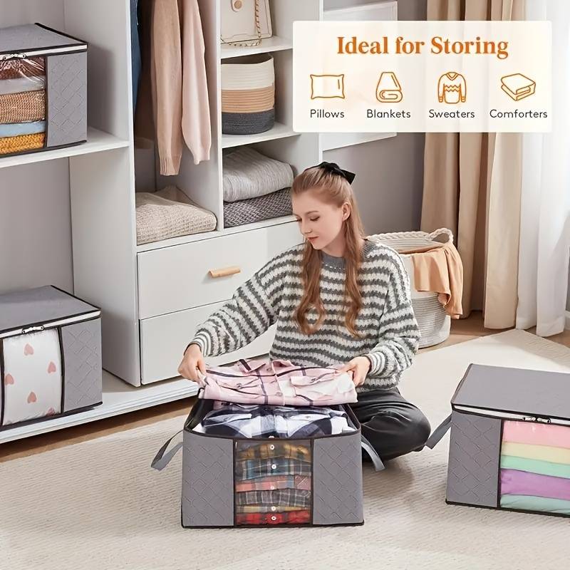TSUINZ Large Gray Storage Bag For Comforters & Blankets | Waterproof Dustproof Fabric Organizer 23.6x15.7x13.8 In