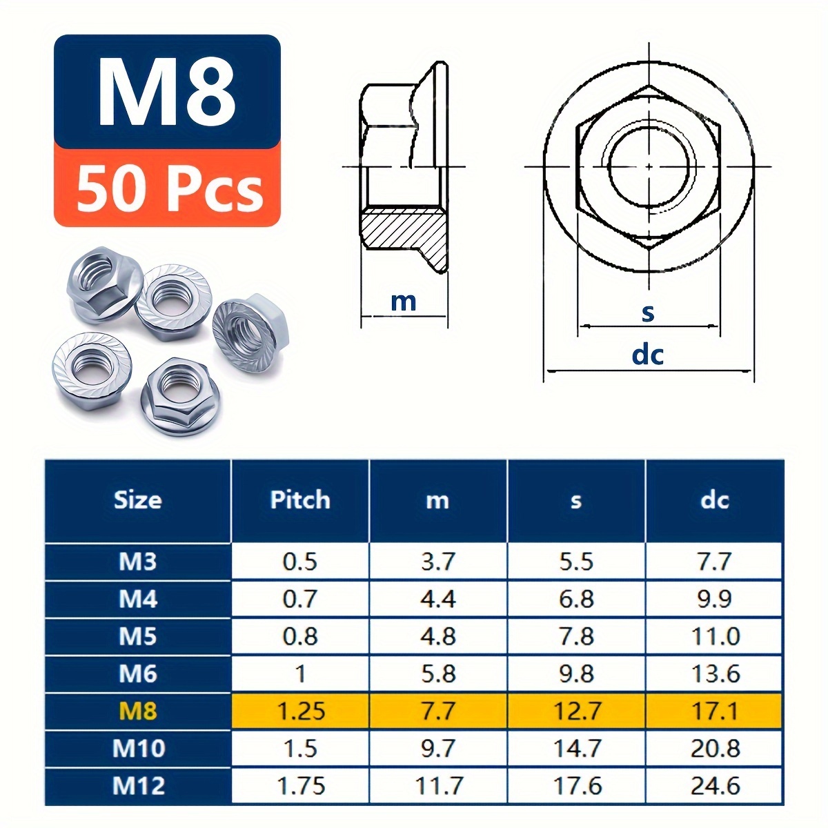 50pcs Hexagonal Flange Nut, Carbon Steel Plated Hardware Nut M5 M6 M8