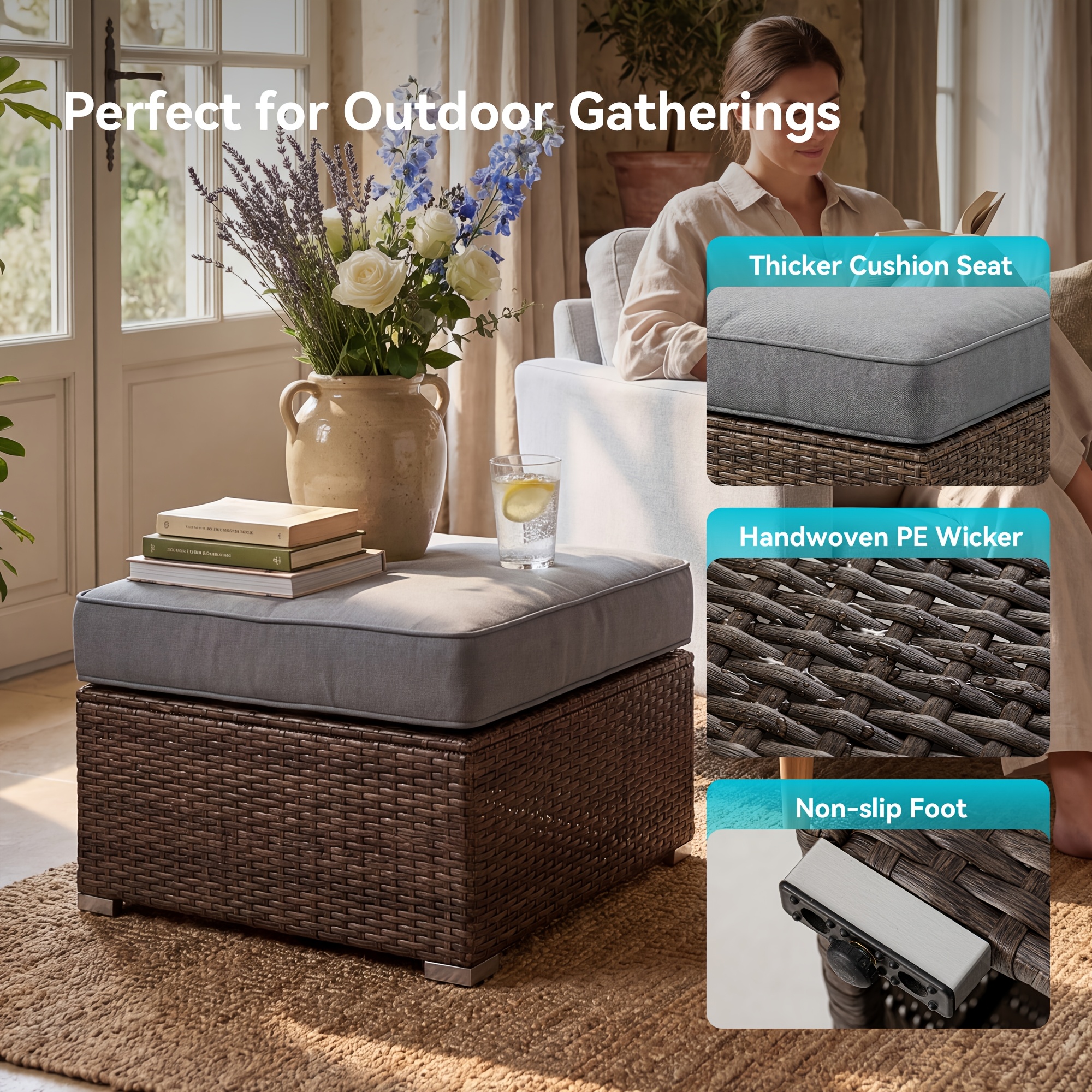 2pcs Large Square Outdoor Wicker Ottoman Set with Thick Cushions - All-Weather PE Rattan Suitable for Garden, Poolside, Patio Furniture, Grey/White Cushioned Stool, Footrest for /Outdoor Use, Assembly & Low Maintenance