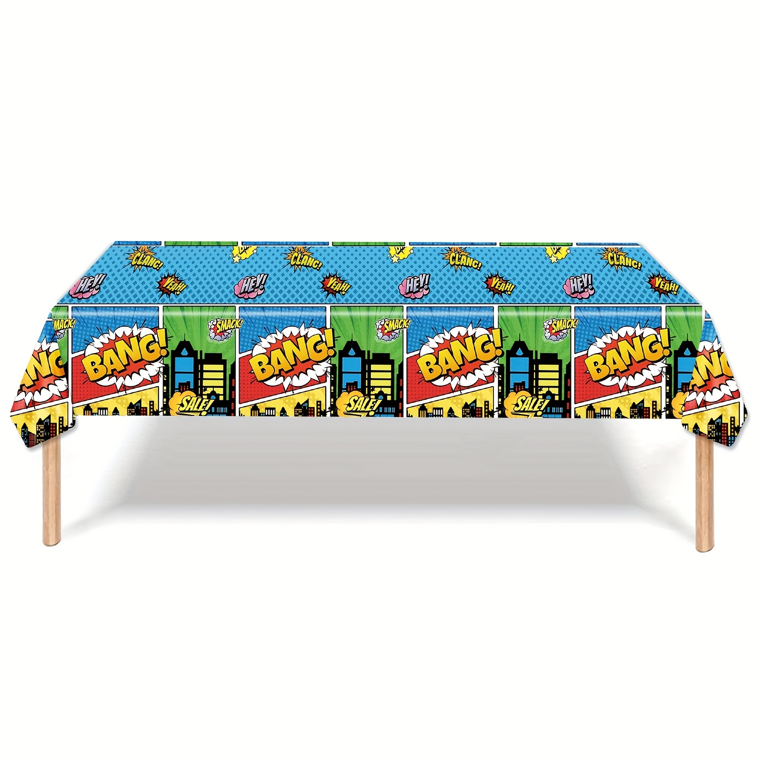TEMU Tablecloth à Thème Superhéros avec Design Explosion de Bande Dessinée - Nappe et Jupette en Plastique Jetable, 42.8x70.8 Pouces, , Anti-Tâches,