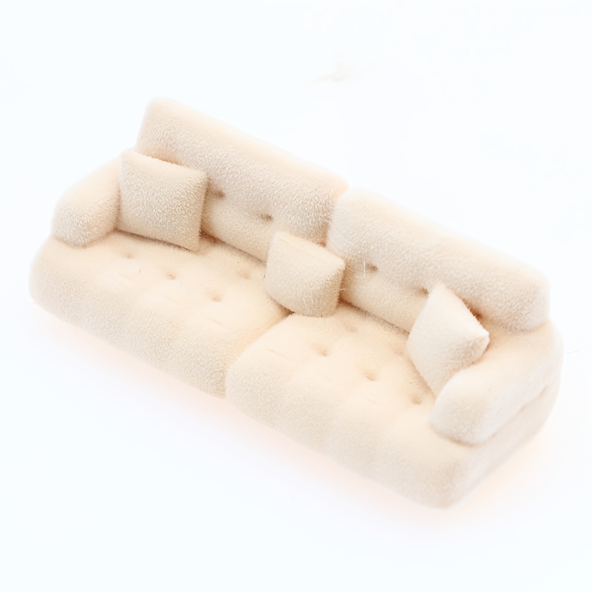 TEMU Décoration de maison de poupée, canapé double en peluche de simulation avec petit coussin, meuble de salon miniature de style crème, accessoire