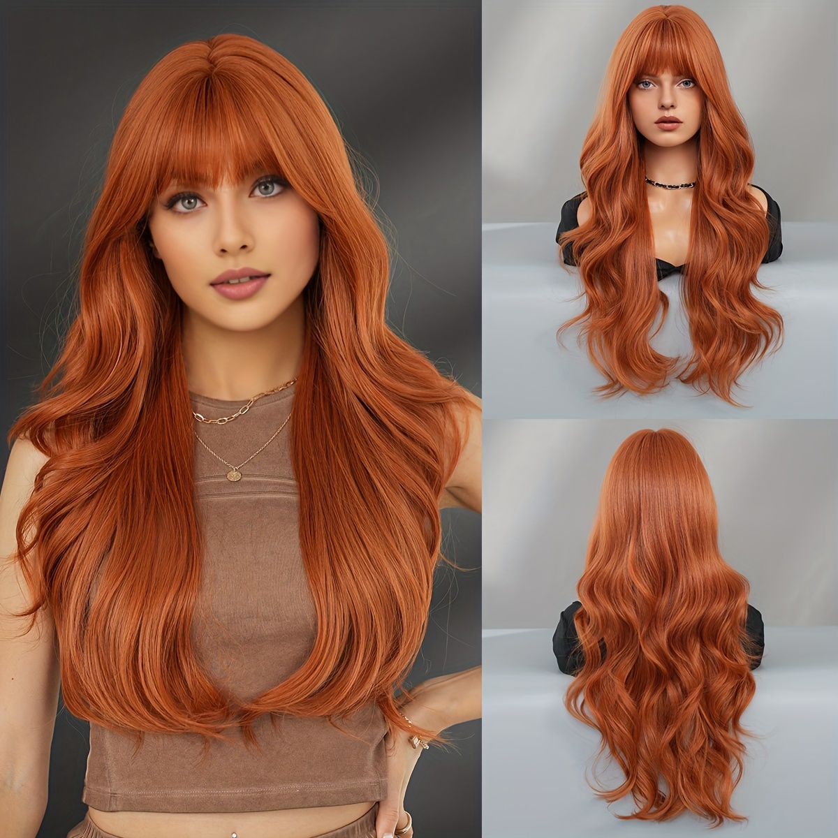 

Costume Wigs Long Deep Curly Dark Orange Wigs For Women Daily Party Use High Density Fluffy Wave Wig With Bangs Heat Resistant Snthetic Hair Wigs 28 Inches