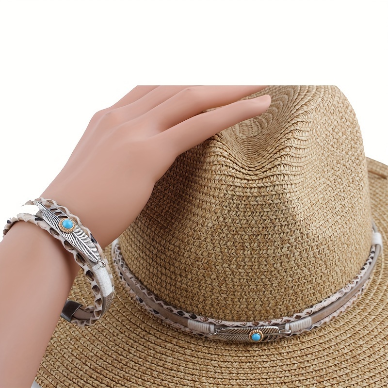 

2pcs Vintage Pu Leather Weave Hat Band And Bracelet Set - Non-textile Adjustable Diy Rope Hatband And Bangle With Turquoise Detail For Straw Hats, Unisex Accessories