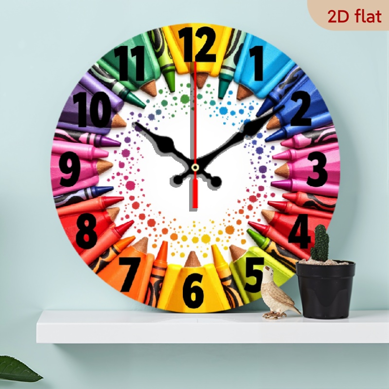 TEMU 2d Flat Vibrant Crayon Multicolored Numbers Round 10 Inch Wooden Clock, For Offices, Outdoor, Home Decoration, Living Rooms, Kitchens, Bedrooms,