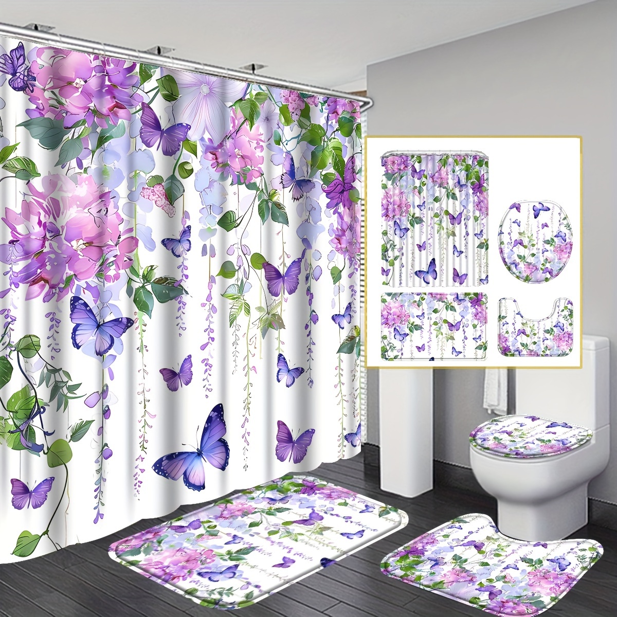 TEMU 4pcs Floral Printed Shower Curtain Set, Waterproof Shower Curtain With 12 Hooks, Non-slip Mats, U-shaped Mat, Toilet Cover Pad And Bath Rug,