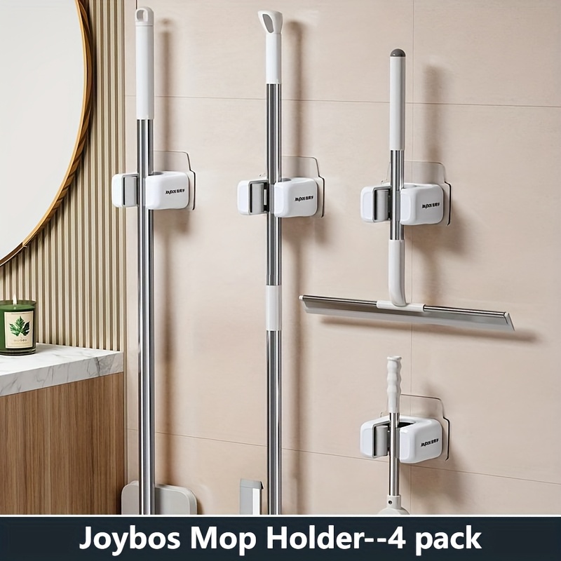 Image of 4-pack Joybos Mop Holders: Easy-install No-drill, Wall Mounted, Space- Broom And Mop Clip For Bathroom Organization, Strong Adhesive Mop Hook, Cleaning, Hidden, Utility Hooks, Bathroom Accessory