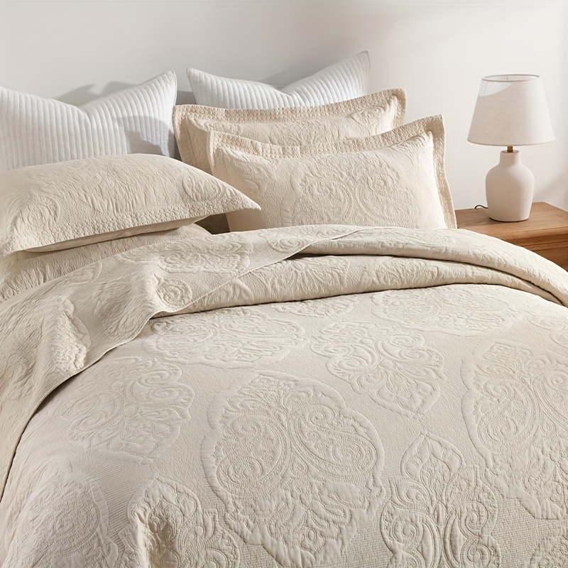 3pcss (1 Bedspread + Two Pillowcases) Pulis - Beige American Bedspread 3pcs Set 3D Quilted Relief Three-Dimensional Craft Double-Sided High-End Comforter 100% Cotton Quilted Bedding Double Bed Bedding Decoration Double-Sided Pure Cotton Printed Blan