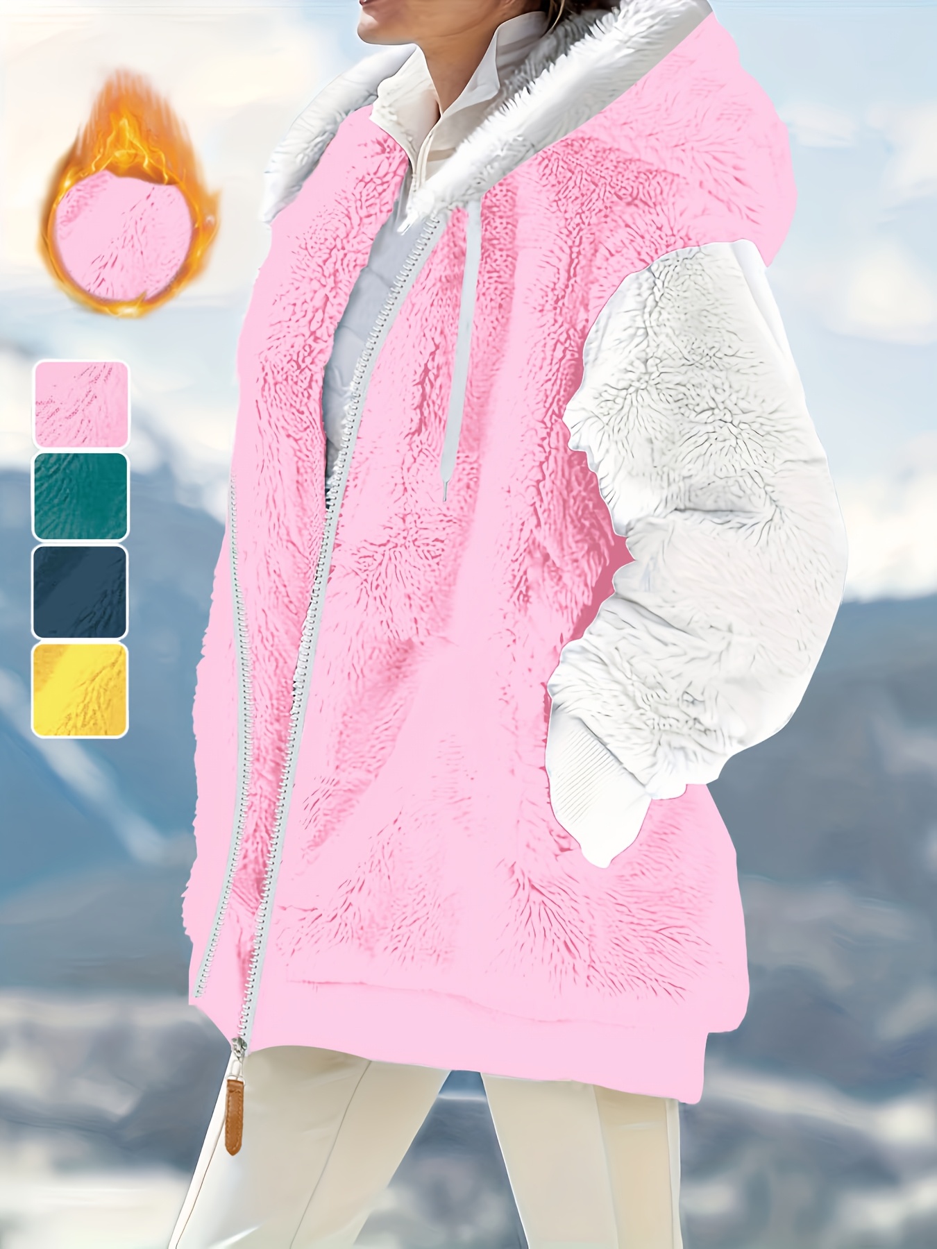 plus size womens winter coat pink zipper closure hooded Temu