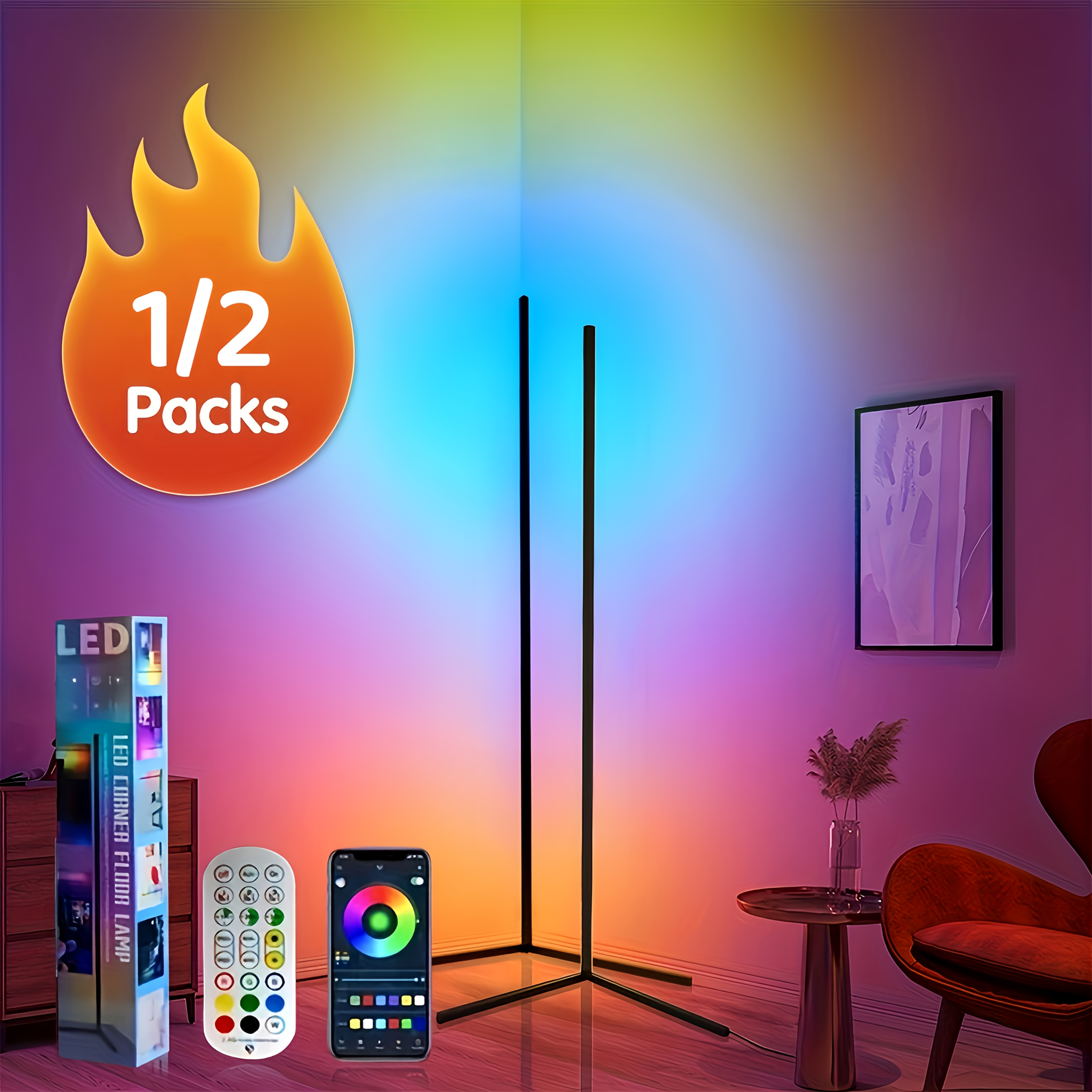 1/ 2pcs Corner Floor Lamp, Color Changing LED Floor Lamp (Adjustable 56 Inches About 142cm) with Music Synchronization, Modern Mood Lighting Corner Lamp with Remote And APP Control, Creative DIY Mode And Timing, Living Room Game Room RGBCW-2000K-600K