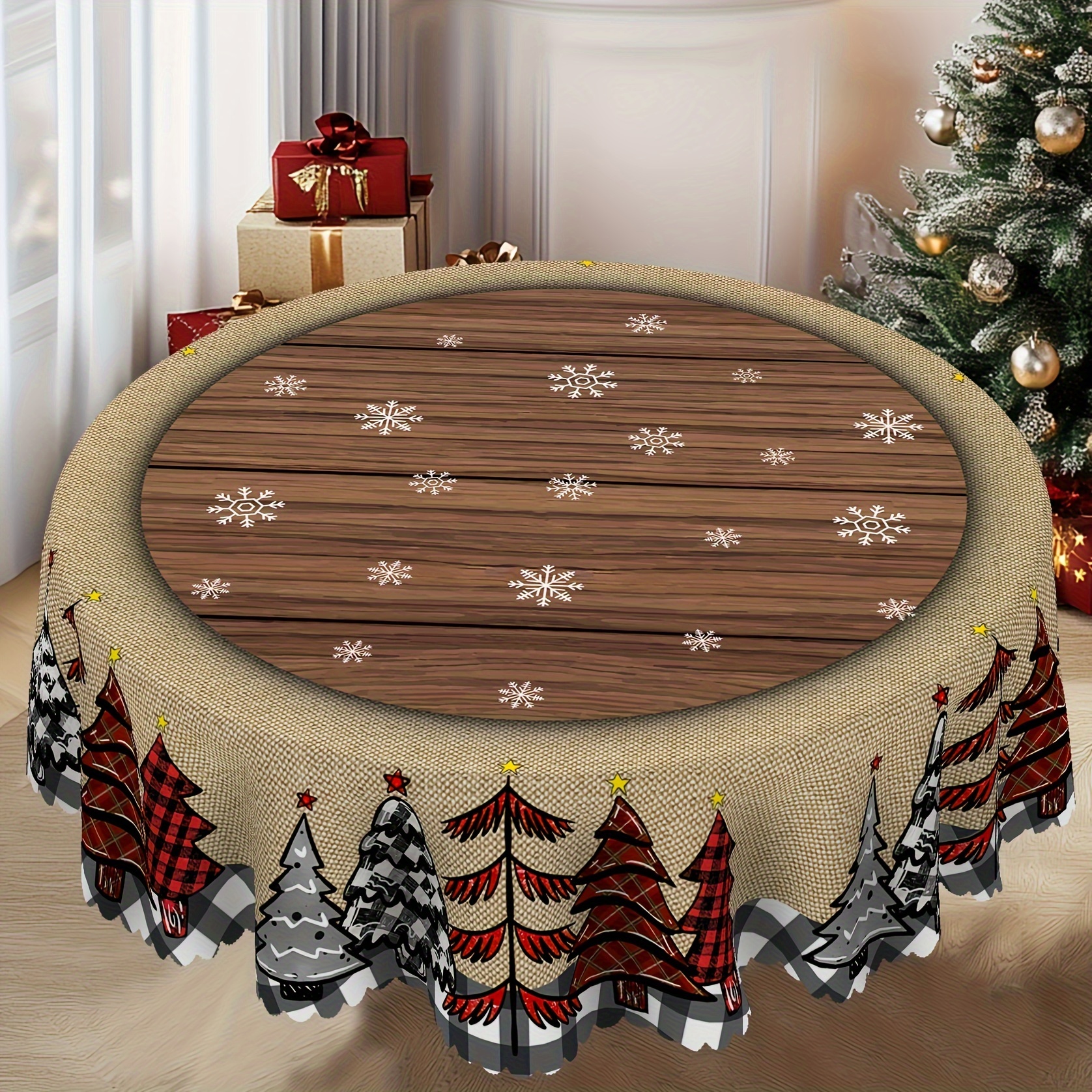 

Christmas Tablecloth 1pc - Round Polyester Table Cover With Embossed Christmas Tree And Linen Wood Grain Pattern, Machine Woven Graphic Design, Accessory For Christmas Celebration