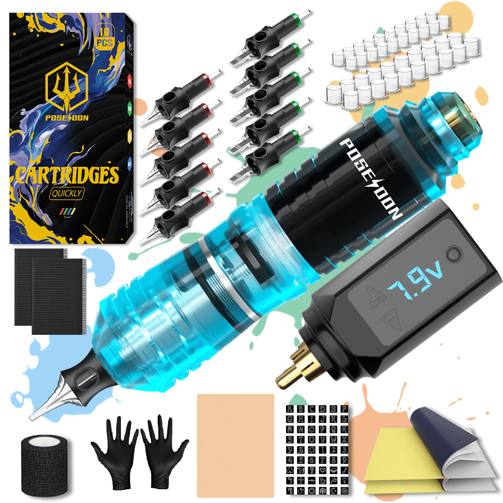Image of Poseidon Tattoo Rotating Cordless Battery Tattoo Pen With Tattoo Power Supply And 10pcs Tattoo Needle Tattoo Pen Gun Kit For Tattoo Beginners And