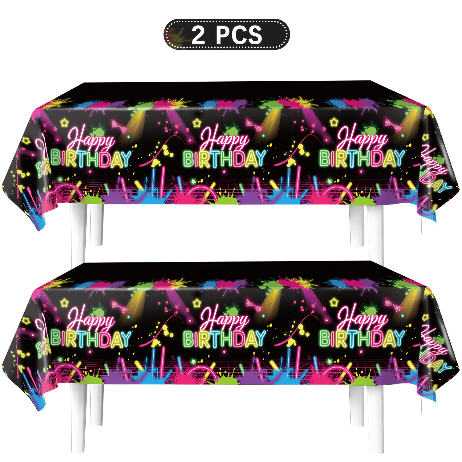 TEMU Halloween,christmas,birthday Party Decoration, 2pcs Neon Party Tablecloth, Glow Happy Birthday Party Decoration Tablecloth, Glow In The Dark
