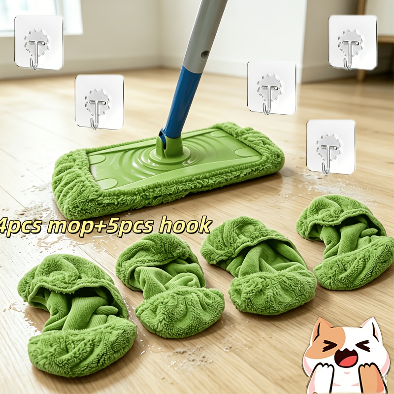 TEMU 4pcs Mop Replacement Cloths And 5pcs Hooks, For Holiday Cleaning, Made Of Highly Absorbent Fiber Material, Suitable For 75 . New Model With ,