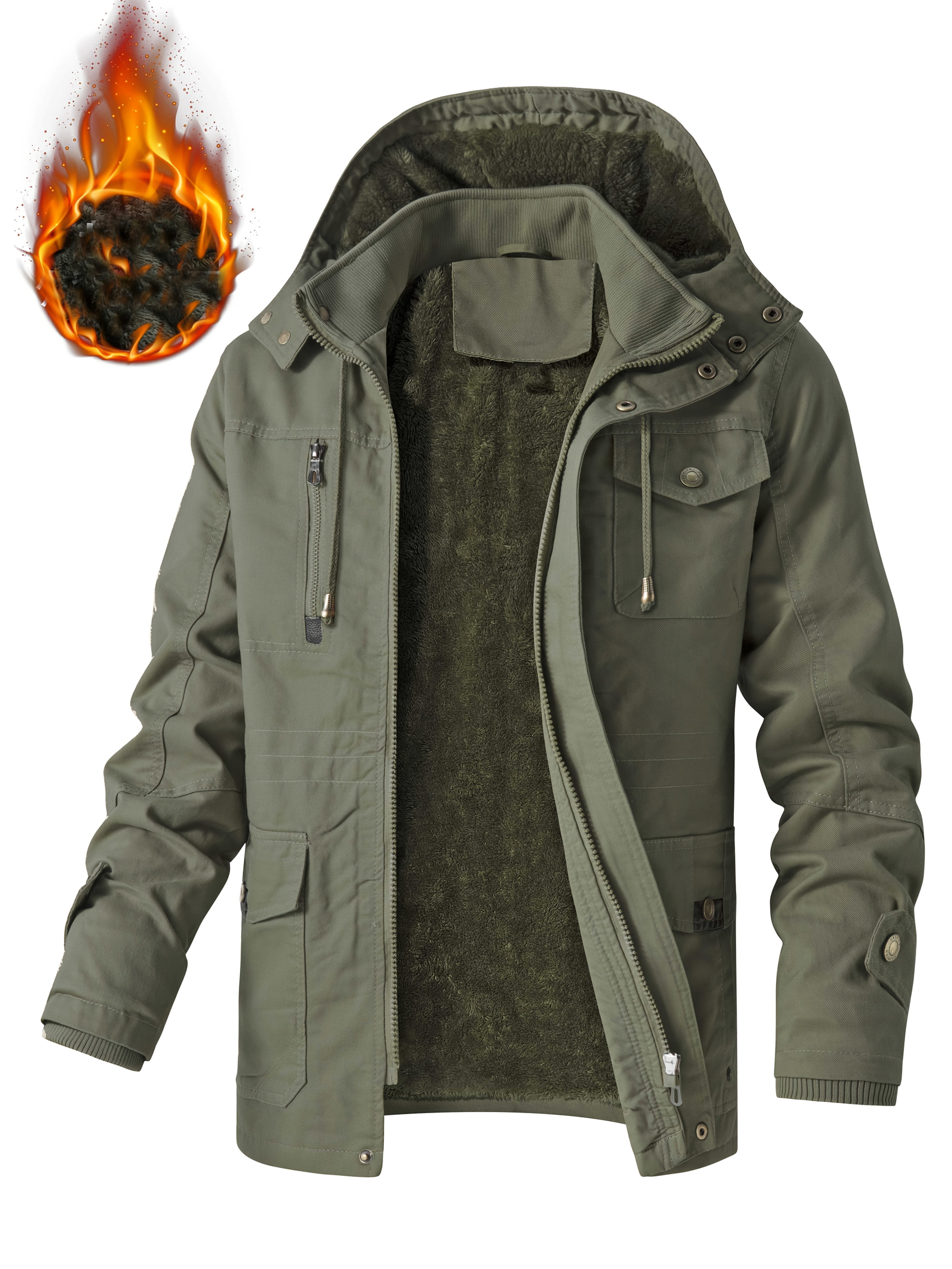 Men's Winter Thickened Mid-Length Jacket with Detachable Hood, Parka for Warmth, Outdoor Casual Zip-Up Multi-Pocket Hiking Coat