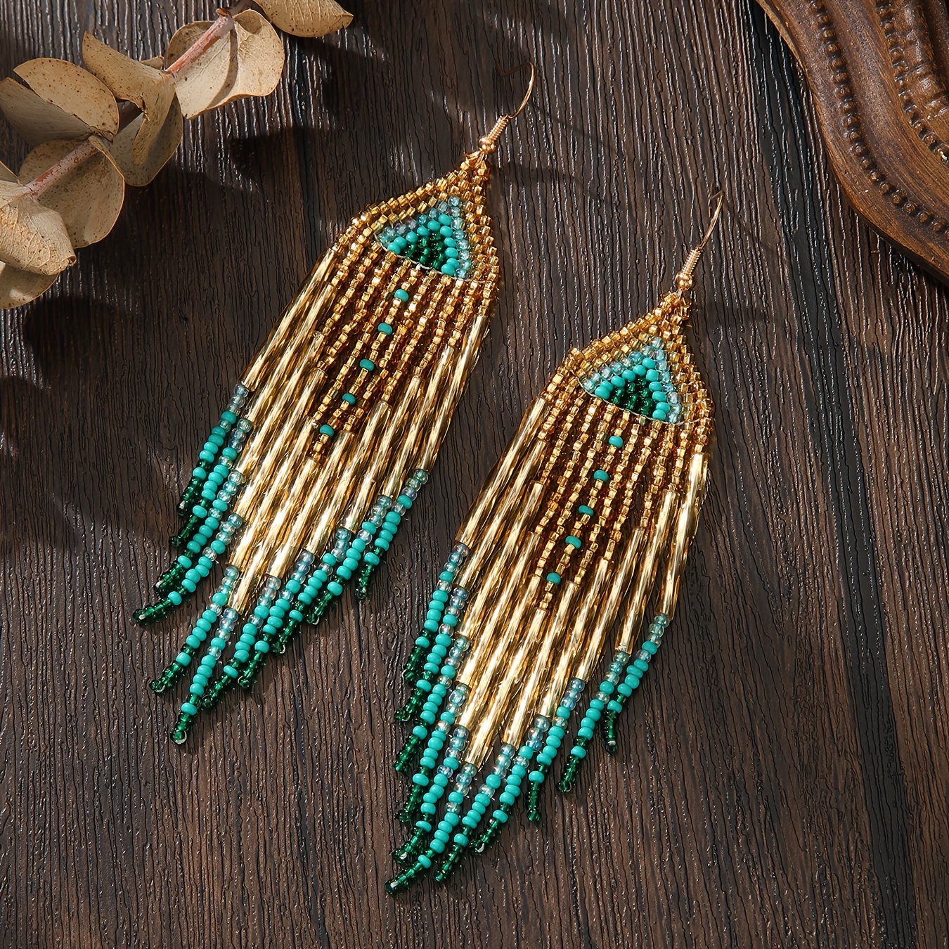 TEMU Handmade Bohemian Beaded Earrings, Vintage Style, Green And Golden- Scheme, Geometric Pattern, Gradient Long Tassels Dangling, Women's Earrings,