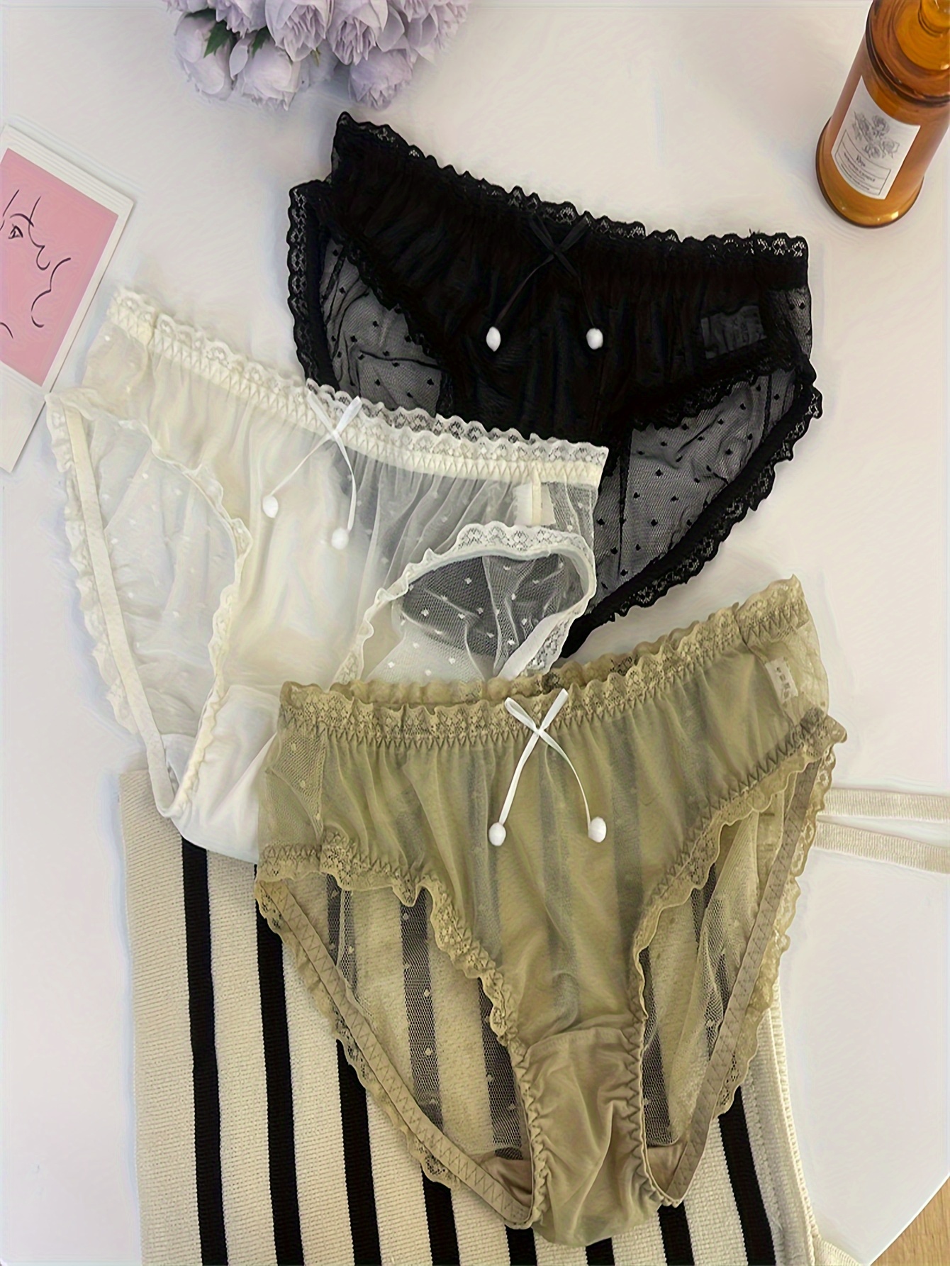 3pcs Women Mesh Panties Sheer Underwear Plus Size Ruffle Cute Sexy Lingerie-3