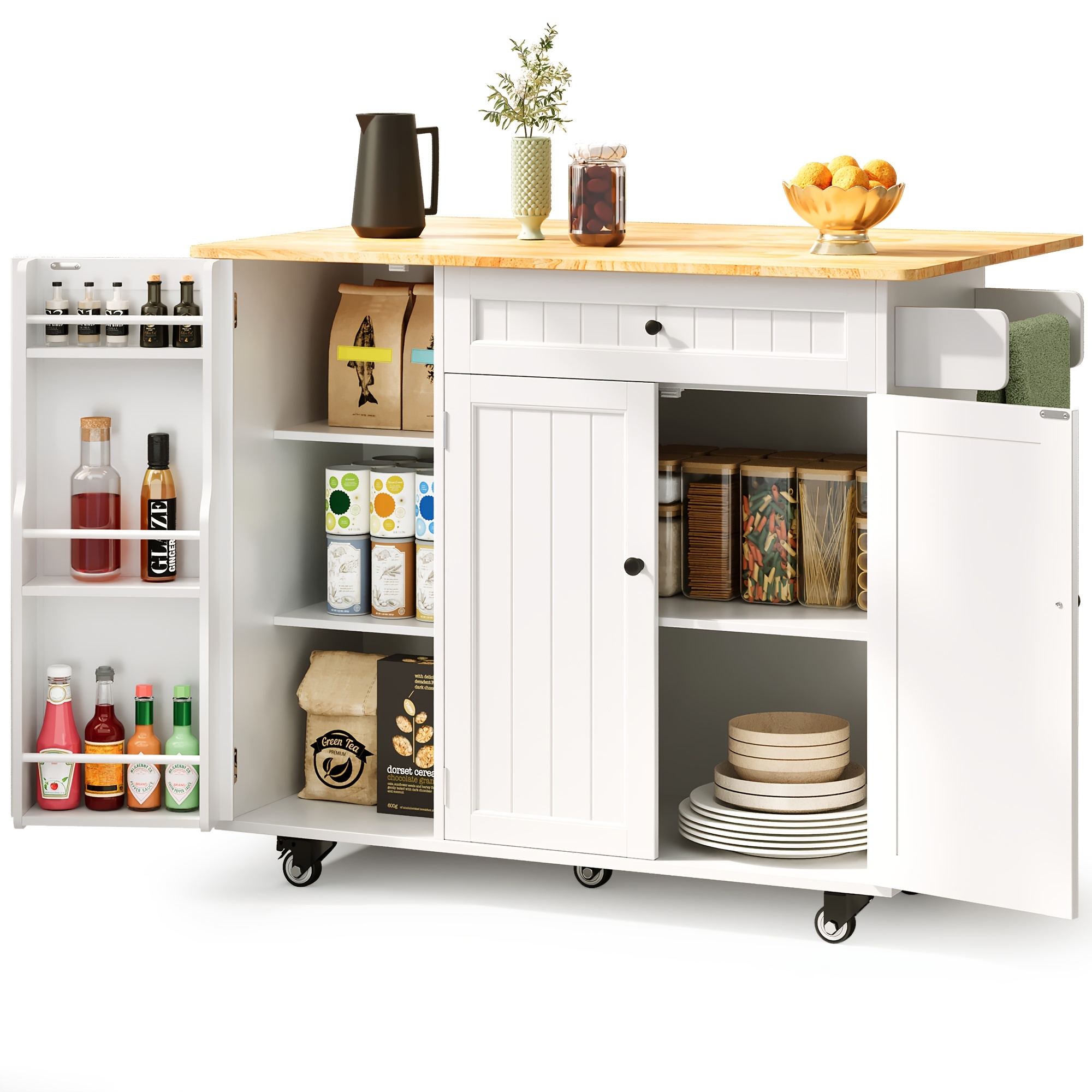 Kitchen Island, Kitchen Cupboard With Worktop, Folding Table Top, White, With 360-degree Universal Wheels, Towel Rack& , Freestanding, Extending Cooking Space For Small Kitchen And Dining Room, White
