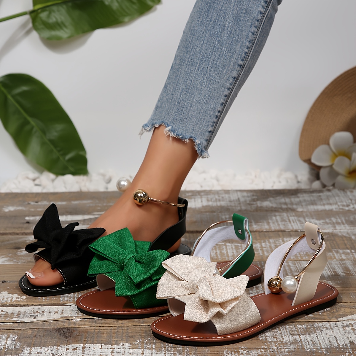 new   size womens comfortable and simple round toe open toe flat sandals with bow decoration and metal beads   casual summer beach   Product details 1