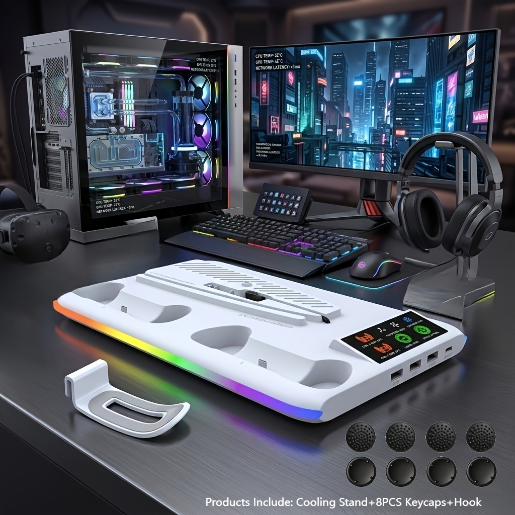 TEMU Support de refroidissement multifonctionnel pour console PS5/PS5 Slim/, station de charge double pour manettes avec lumière RGB, crochet de