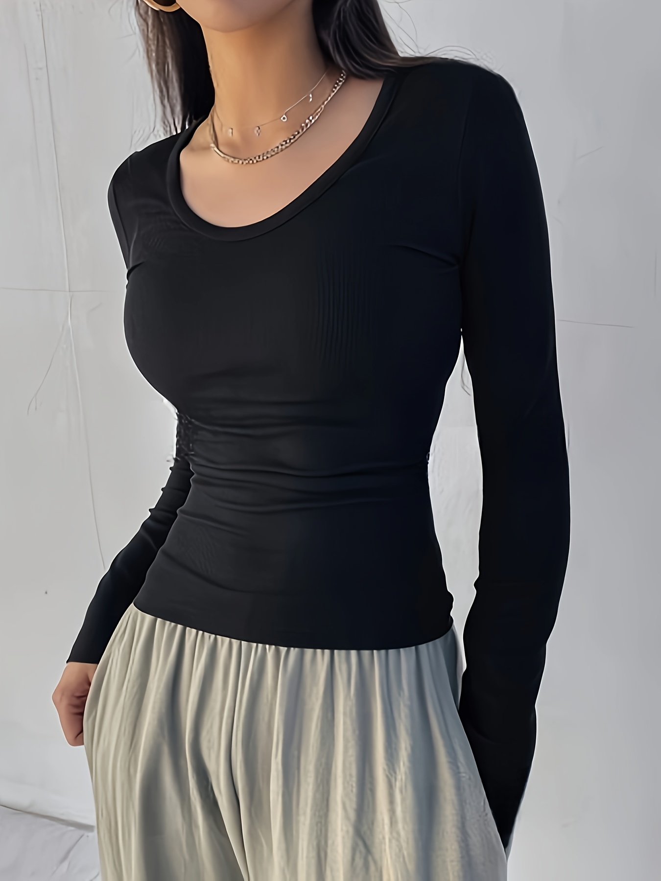 Women's Slim-Fit Ribbed Long Sleeve Top - Solid Black Round Neck Stretch Shirt, All-Season Machine Washable Elegant Casual & Formal Wear, Versatile Clothing, Sophisticated Style, Durable Clothing, Stretchy Fabric, Everyday Outfit, Slim Fit, Comfortable Fit, Fitted Blouse, Office Women