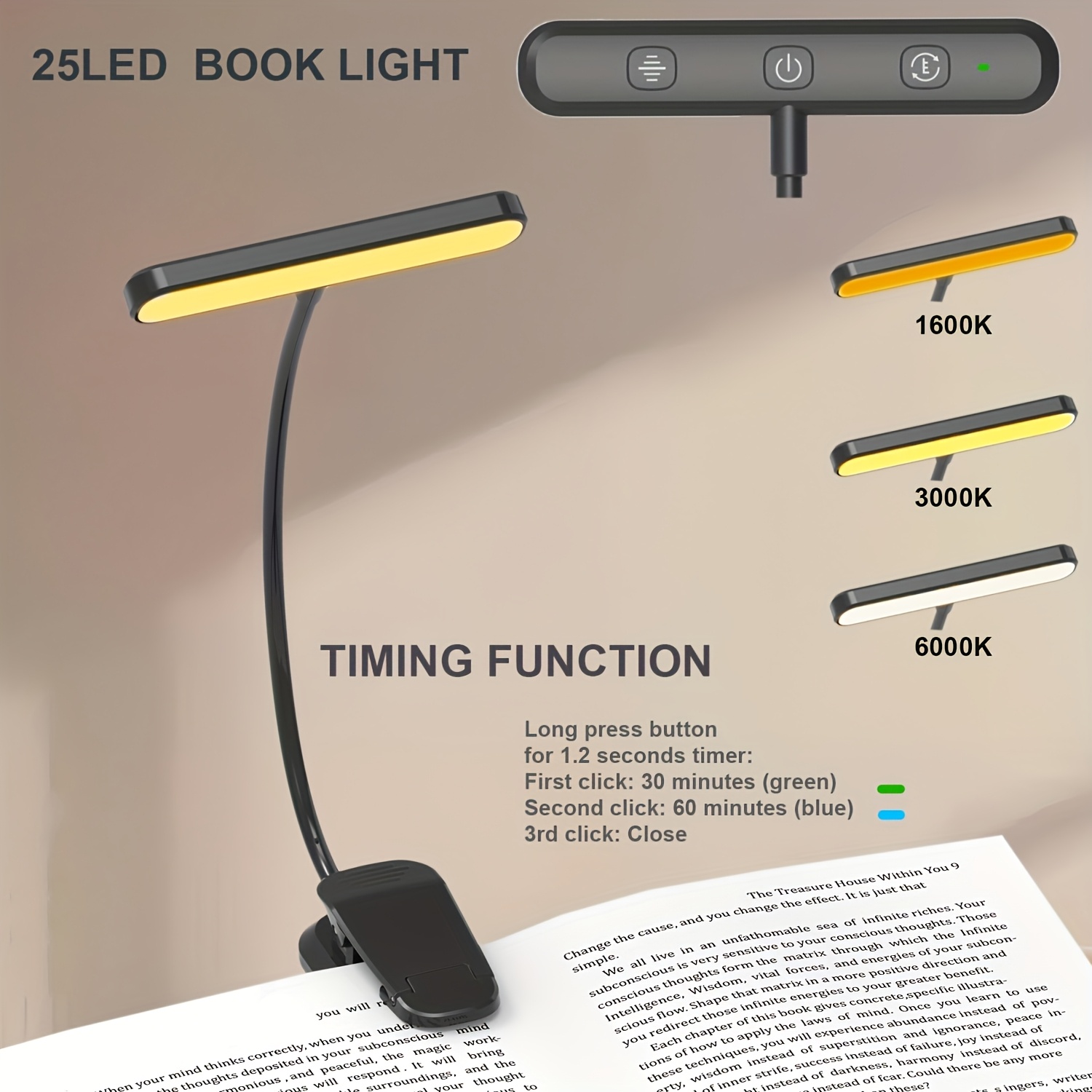 Image of 1pc Led Rechargeable Book Light For Reading 25 Led &memory Function-eye 3 Color Temperatures, 5 Brightness Levels, Flexible Goose Neck Clip On Light For Book Lover Room Decor