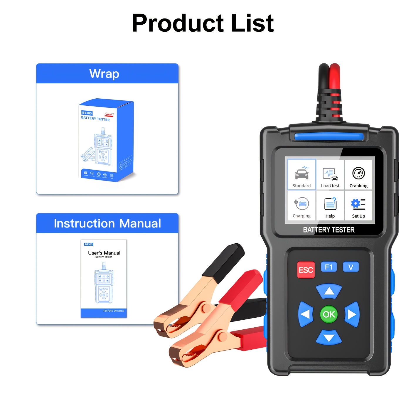 Image of Bt300 12v 24v Car Battery Tester Screen Battery Load Cranking Charging System Analyzer 20-2000 Cca Automotive Diagnostic Tool For Car Truck Motorcycle
