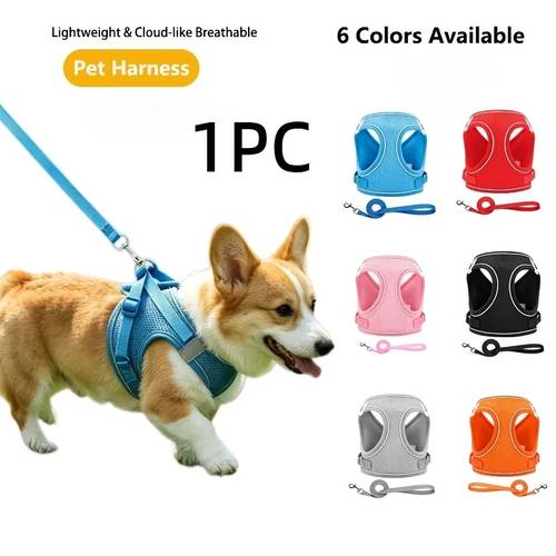 Adjustable Escape-Proof Small Dog Harness with Leash & Vest Suitable for Yorkie, Poodle Puppies, Mesh Vest for Night Safety Walking, Leash System for Potty , Hand Washable Vest for /Outdoor Use