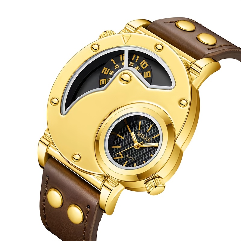 Elegant Men's Quartz Watch with Dual Time Display - Golden-Tone, Faux Leather Strap, Business Style