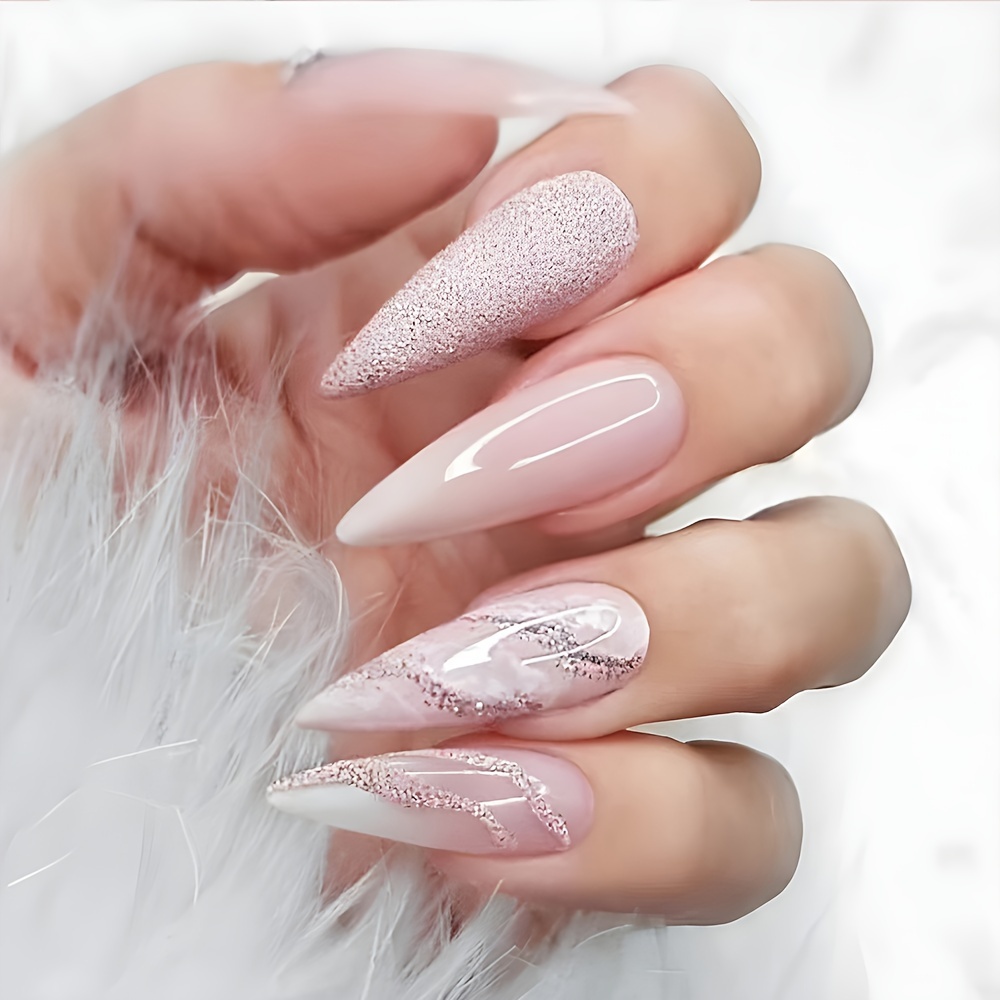 

24pcs Long Stiletto Press On Nails Pinkish Gradient Marble Pattern Fake Nails Glossy Glitter Artificial Finger Manicure False Nails