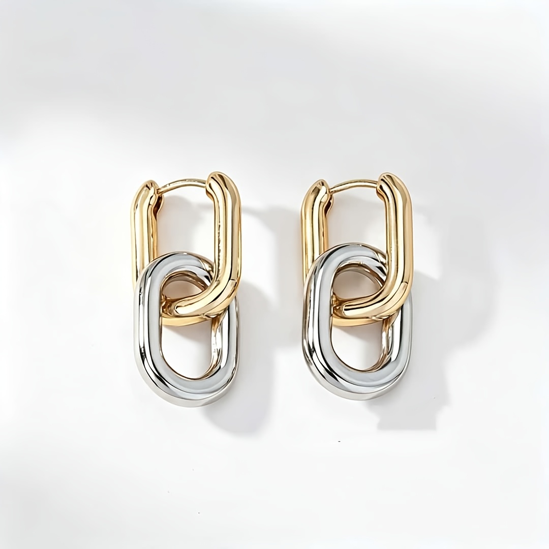 TEMU Pendientes de aro geométricos premium de para mujer, con clips de cadena de dorado y plateado, joyería de viaje que y decolora