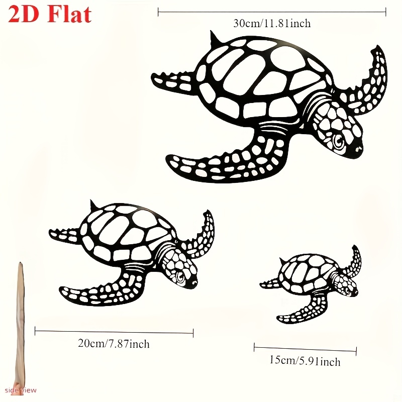 TEMU 2D Plat - Plan 2D - 3 pièces Art Mural Tortue en Métal Plan 2D pour Murs Extérieurs, Clôtures, Cours, Jardins, Salons et Chambres - Idéal pour