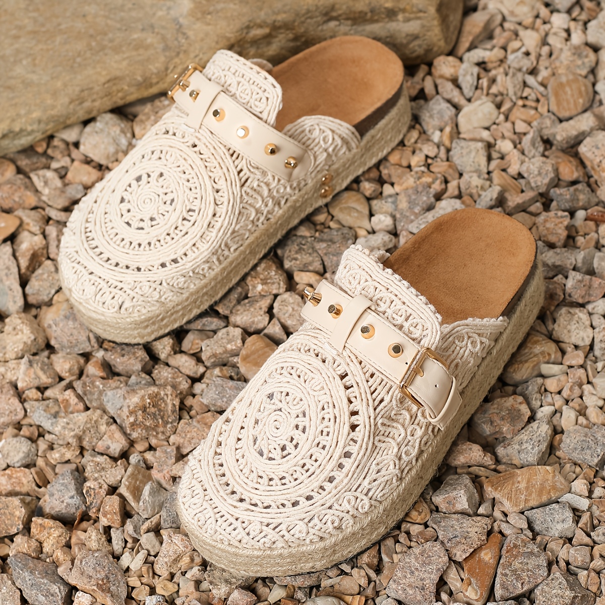 2025 Summer New Women's Rivet Hollow-Out Straw Thick-Sole Casual Vacation Style Slip-On Half-Slip Women's Sandals, Women Shoes