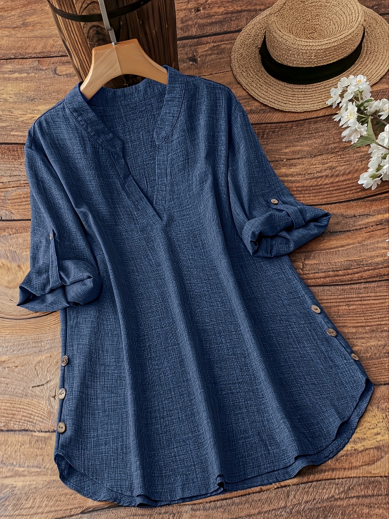 Plus Size Women's New Shirt in Minimalist Style with V-Neck and Long Sleeves, Faux Button Design