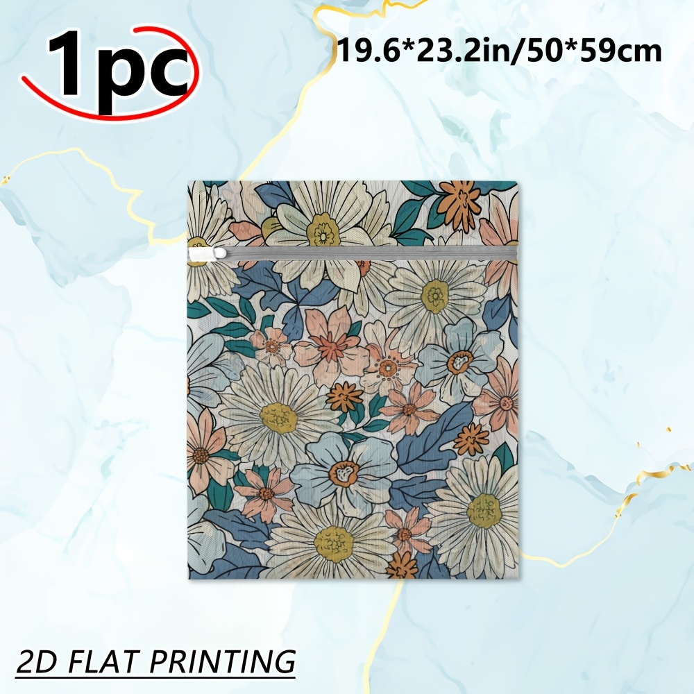 TEMU 1pc, 2d Flat Vintage Floral Daisy Pattern Print Mesh Laundry Bag, Versatile Carry Bag For Beach Vacation, Ideal For Beach Vacation, Coastal ,