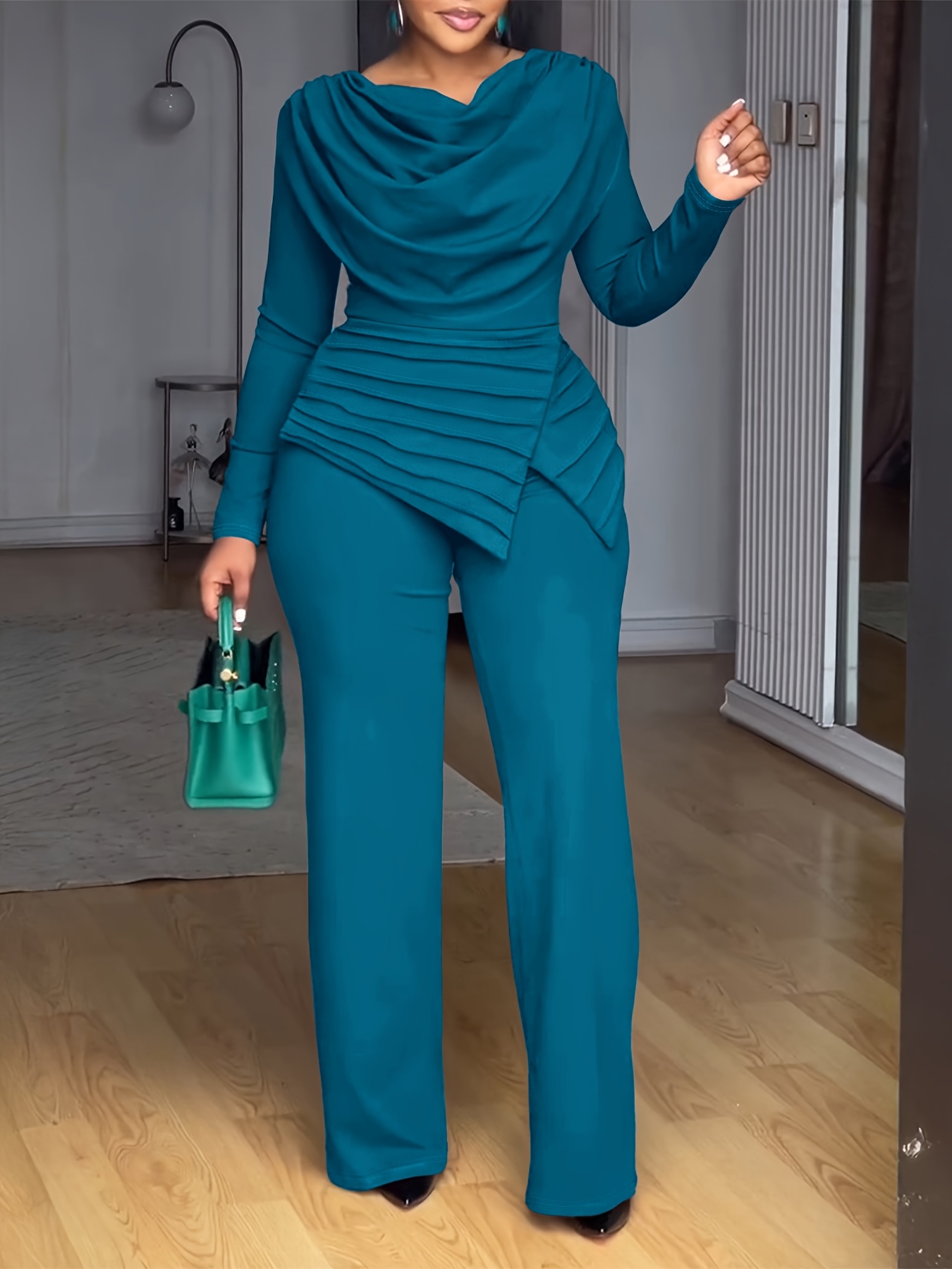 A Long-Sleeved Top with a Gathered Design And a Waist-Cinching Feature, Paired with Wide-Leg Jumpsuits