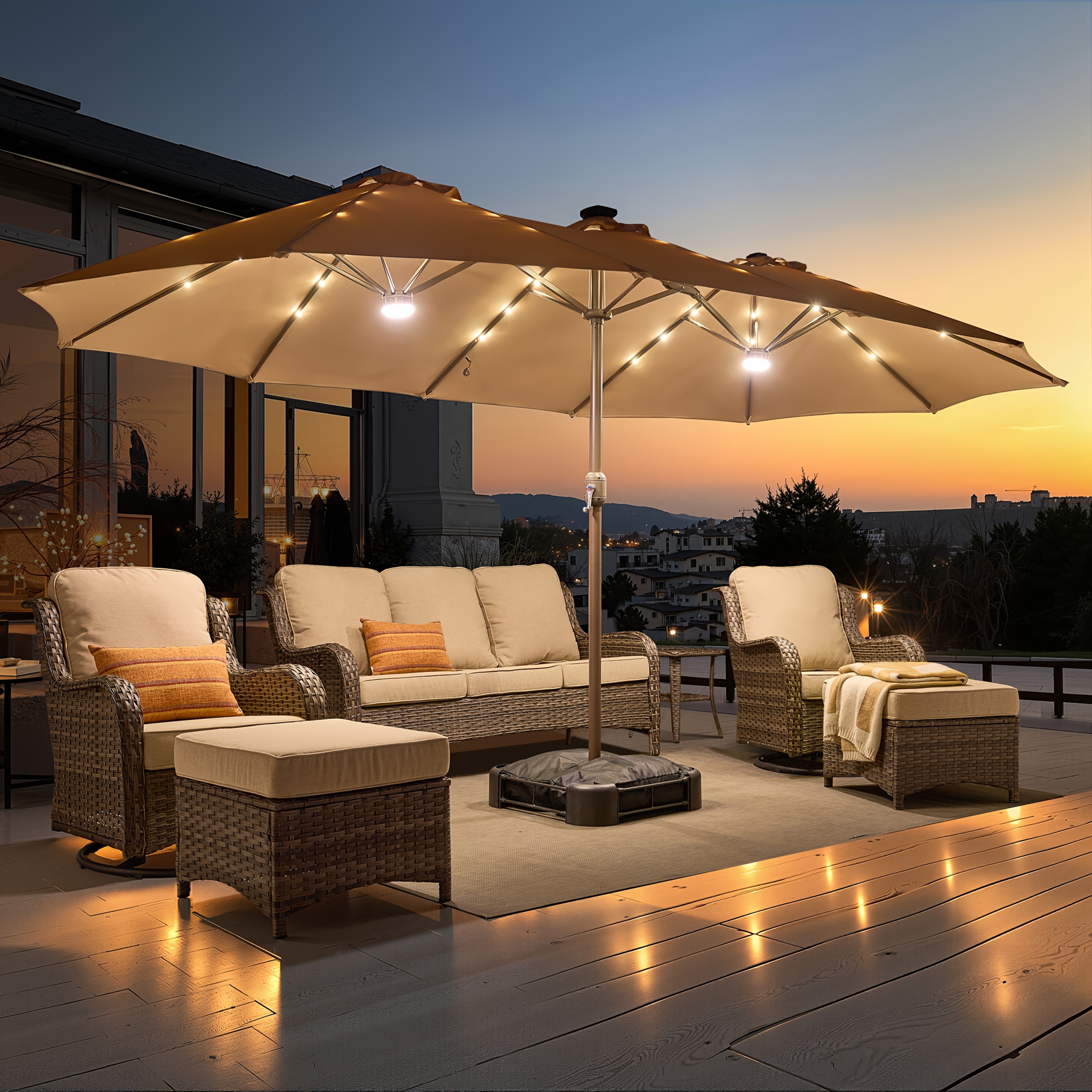 TEMU 15-foot Double-sided Patio Umbrella (base Included), Large Outdoor Umbrella, 36 Solar-powered Led Lights, 12 Heavy-duty Ribs For The Patio