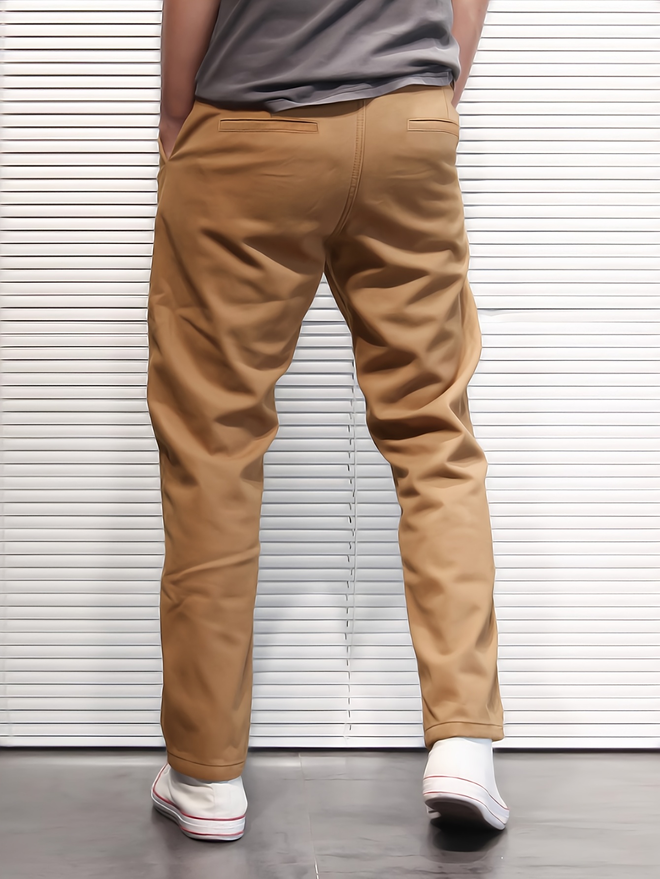 casual mens loose straight leg drawstring pants non stretch solid color belt regular length Product details 1