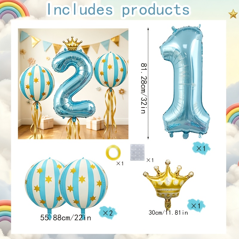 TEMU Carnival Theme Blue Number Birthday Party Decoration Set, Including Light Blue And Navy Blue Striped Star-shaped Streamers, 1-9 Blue Number Foil